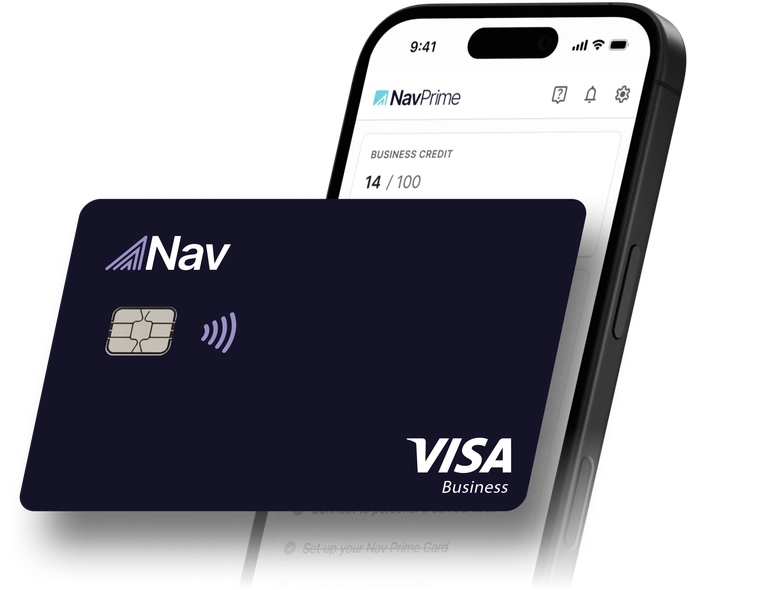 Nav Credit Builder Card in front of Nav app on phone